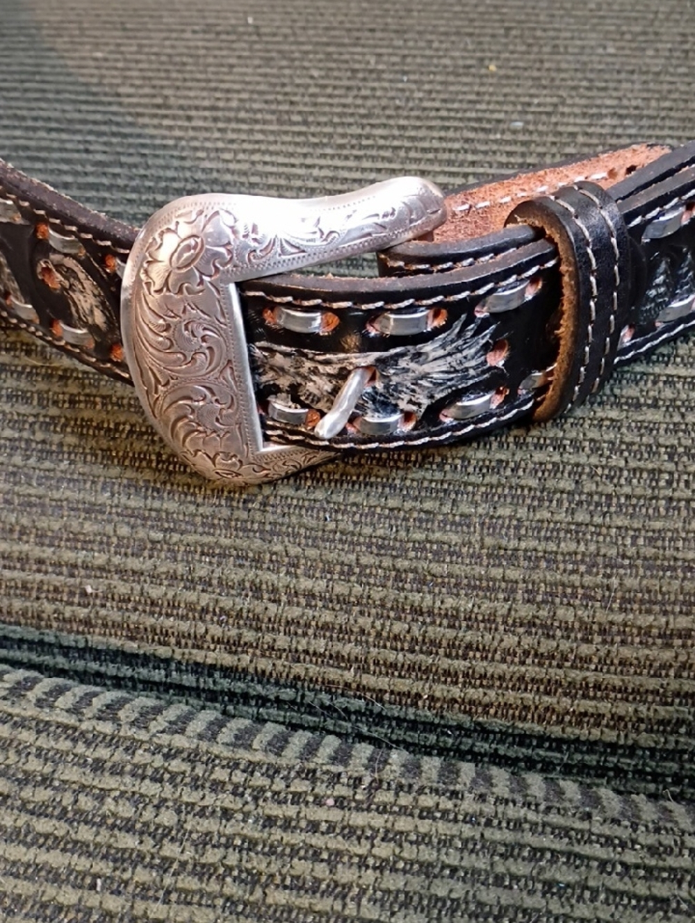 Dakota Black Leather Belt 40 In with Engraved Silver Buckle